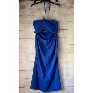 Isabel Blue Maternity Bodycon Midi Dress Cutout Front Halter Tie Strap Size XXL